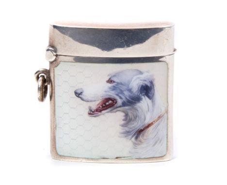 Continental silver vesta with guilloche enamelled panel depicting the head of a dog, hinged cover and suspension loop, vesta 