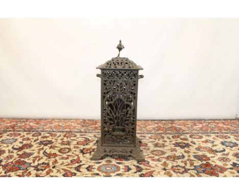 Late 19th / early 20th century cast iron conservatory heater of square pierced form, with domed finialled cover, signed - 'Al