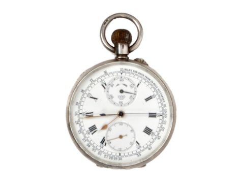 Victorian silver keyless chronograph pocket watch with white enamel dial, two subsidiary dials and outer distance calculation