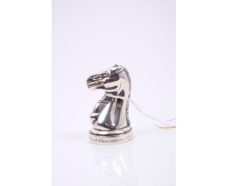 Unusual Victorian silver novelty trophy in the form of a knight or paladin chess piece, engraved - Oxford University Chess Te