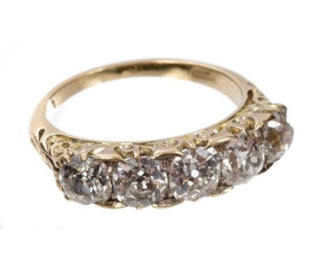 Late Victorian diamond five stone ring with five old cut diamonds estimated to weigh approximately 2.32 carats in total, with