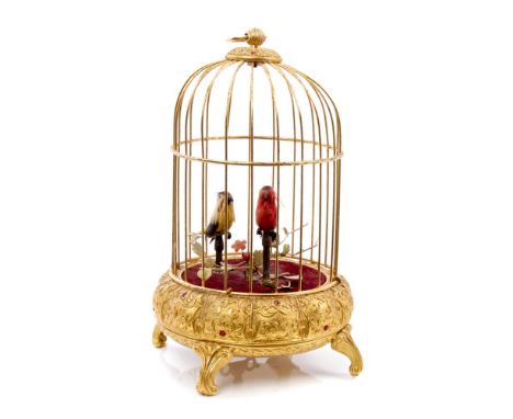 Mid-20th century German automaton with two birds in gilt metal cage, on scroll feet, 25cm high (Removed from Aldham Mill, Had