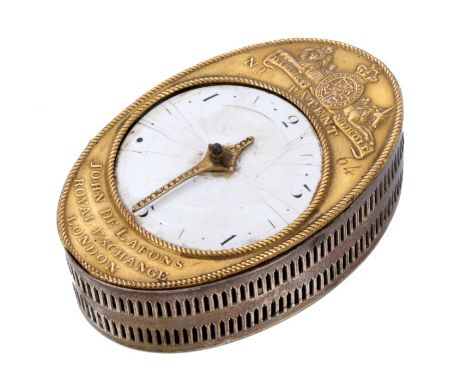 Extremely rare George III Patent mechanical egg timer by John De Lafons, Royal Exchange, London, the oval top centred by enam
