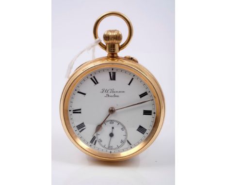 Gentlemen's gold (18ct) open face pocket watch with English button-wind movement by J. W. Benson, London, the circular white 