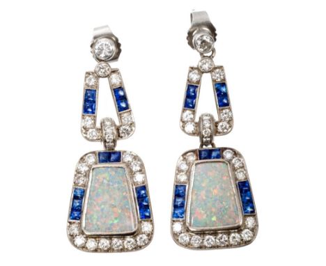 Pair Art Deco-style diamond, sapphire and opal earrings, each with a reconstituted opal panel surrounded by a border of brill