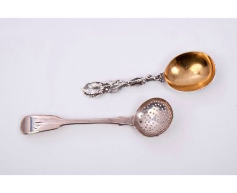 Victorian silver caddy spoon with gilt bowl and leaf stem (London 1858), Francis Higgins, together with a George IV silver si