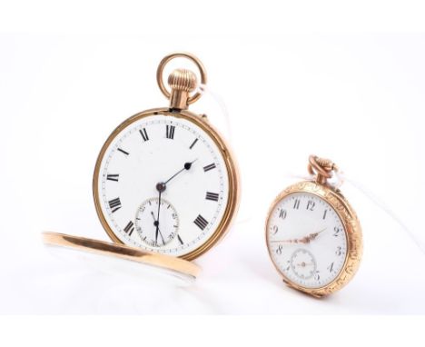 Gentlemen's gold (9ct) open face pocket watch with button-wind movement in gold (9ct) case and a ladies' gold (14ct) fob watc