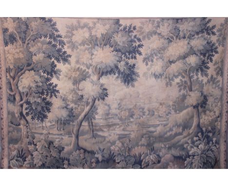 Continental tapestry panel depicting a romanticised landscape, within geometric border, 195cm x 265cm (Removed from Aldham Mi