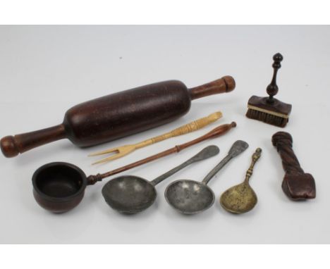 19th century sailors' seam rubber, treen ladle, treen and folk art 