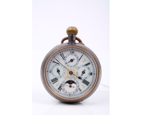 Late 19th / early 20th century Calendar Moon Phase pocket watch, with Swiss baton wind movement, the circular white enamel di