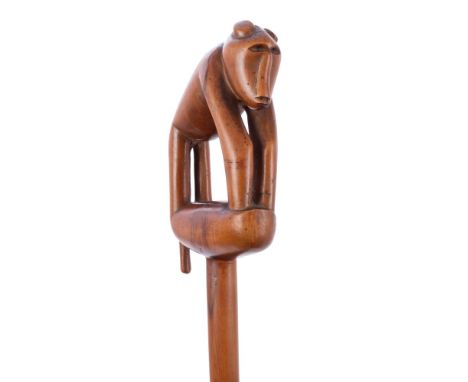 Scarce late 19th century South-East African 'Baboon Master' walking stick or staff with carved  baboon figure top and long pl