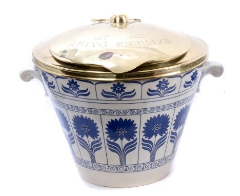 Rare late Victorian blue and white dairy pail with Aesthetic movement stylised floral decoration, two scroll handles, with or