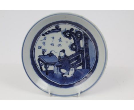 Chinese blue and white saucer dish decorated with a seated scholar in an interior - six character script within the ornament 