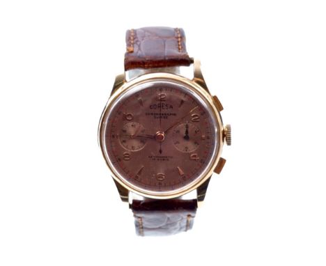 1950s Gentlemen's Coresa Chronographe Suisse wristwatch with circular engine-turned pink gold dial with two subsidiary dials 