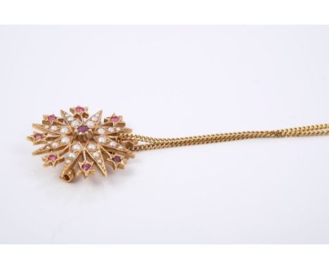 Victorian-style gold (9ct) garnet and seed pearl 'snowflake' pendant / brooch on chain (London 1994) CONDITION REPORT Very go