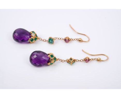 Pair amethyst, emerald and diamond pendant earrings, each with a briolette cut amethyst drop with an emerald and diamond moun