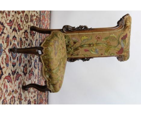 Victorian rosewood prie dieu chair with fine crewel work tapestry panel T-bar back and seat on cabriole legs with volute scro