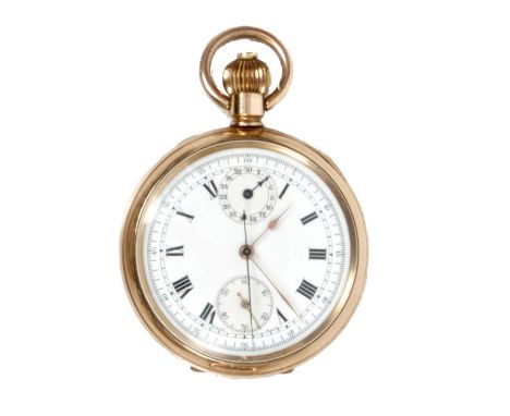 Victorian gold plated keyless chronograph pocket watch with white enamel dial, centre seconds sweep hand and two subsidiary d