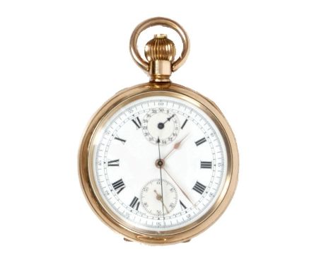 Victorian gold plated keyless chronograph pocket watch with white enamel dial, centre seconds sweep hand and two subsidiary d