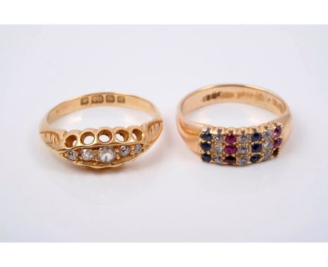 Late Victorian diamond, ruby and sapphire three row ring and an Edwardian diamond five stone ring in carved gold (18ct) setti