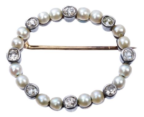 Antique pearl and diamond brooch, the oval frame with eight old cut diamonds in silver collet setting, interspaced by sixteen