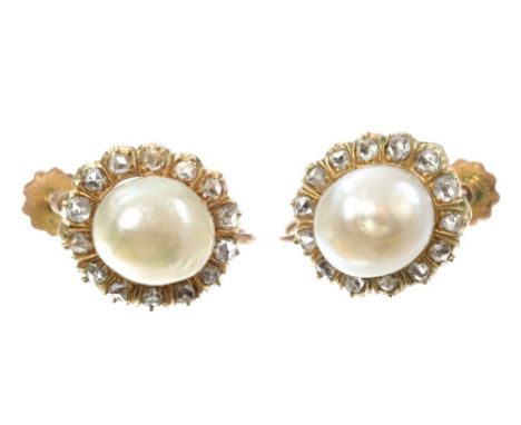 Pair late 19th century pearl and diamond earrings, each with a button-shaped pearl measuring approximately 7.5mm x 8.5mm, eac