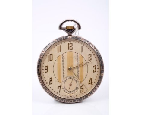 1930s gentlemen's silver and niello work pocket watch with button-wind Swiss fifteen jewel movement, engine-turned dial with 