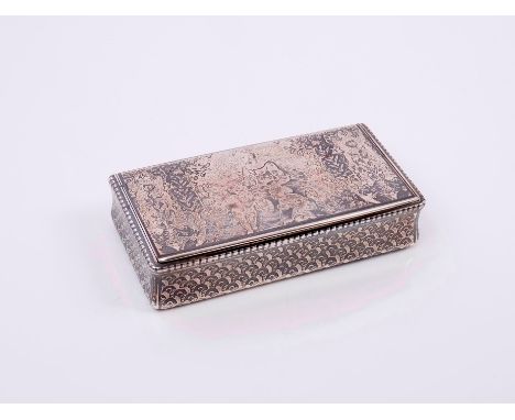 19th century Continental silver niello work snuff box of rectangular form, hinged cover decorated with scene of a woman in a 