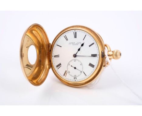Late Victorian gentlemen's gold (18ct) half hunter pocket watch with button-wind English three-quarter plate movement by Jose