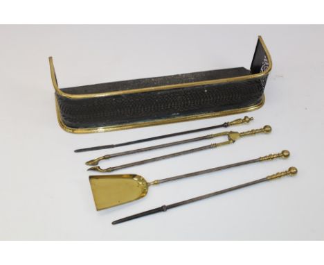 19th century steel and brass fireside companion set on ring-turned handles, together with a similar poker and 19th century pi