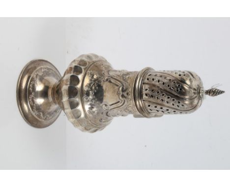 Large late Victorian sugar caster of baluster form, with wrythen lower body and chased scroll and floral decoration, separate
