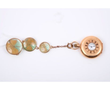 Late 19th century ladies' Swiss gold (14k) half hunter-style fob watch with button-wind movement in gold case, on a fob with 