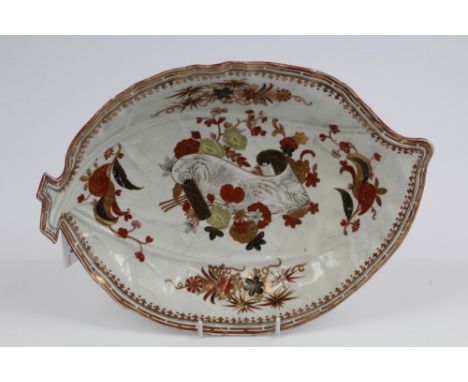 Large 18th century Worcester moulded cabbage leaf dish with finely painted Chinese iron-red, black and gilt floral and scroll