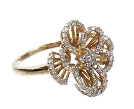 Diamond flower cocktail ring with stylised openwork design of brilliant cut and single cut diamonds, on gold shank.  Ring siz