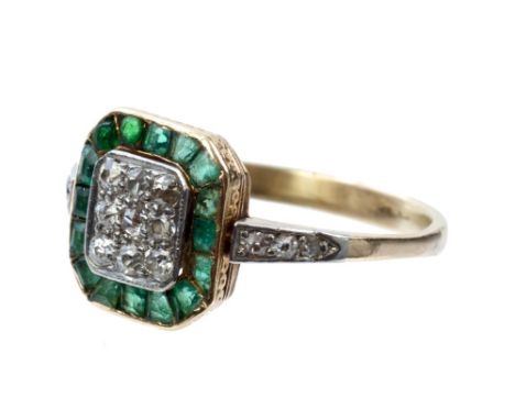 Art Deco diamond and emerald cluster ring, the octagonal bezel with nine pavé set old cut diamonds, surrounded by a border of