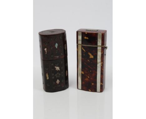 19th century blond tortoiseshell and abalone canister of slightly bowed upright oblong form, with push-button release hinged 