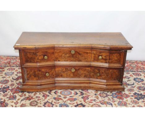 Early 18th century Italian walnut inverted breakfront commode, with two moulded drawers, on plinth base, 124cm wide x 56cm de