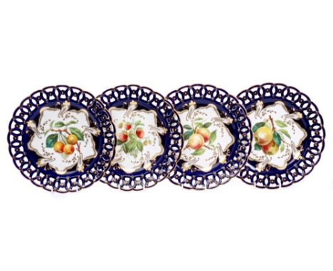 Nine Victorian Minton porcelain dessert plates retailed by John Mortlock, Oxford Street, London, each painted with fruit with