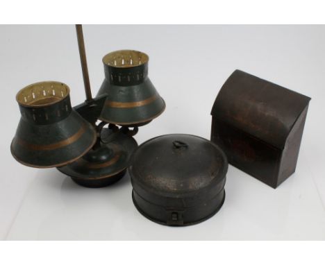 Victorian toleware spice box of domed cylindrical form, hinged cover enclosing nutmeg grater and radiating compartments, 20cm