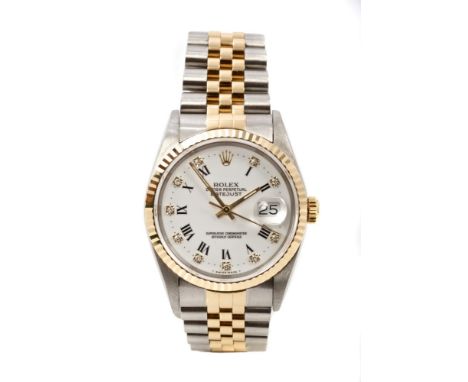Gentlemen's Rolex Oyster Perpetual DateJust bi-metal wristwatch with white dial, Roman numerals and diamond set batons, on bi