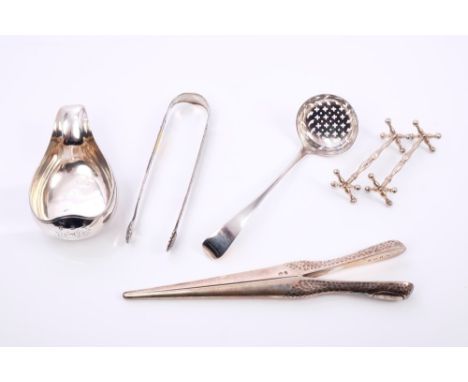 Collection of Georgian and later miscellaneous silver including George III pap boat, sifter spoon, pair sugar tongs, glove st