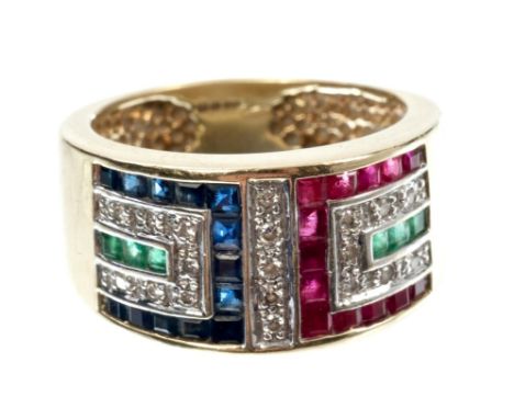 Art Deco-style diamond, ruby and emerald dress ring with geometric design, in gold (9ct) setting.  Ring size L½ / M CONDITION