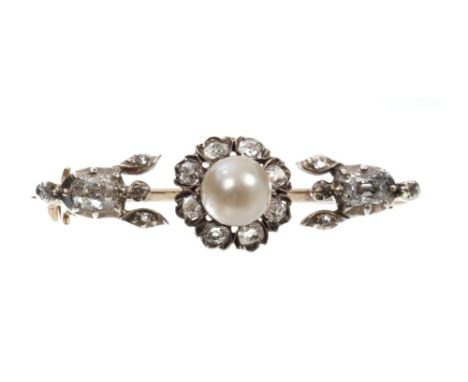 Victorian pearl and diamond brooch, the flower-head cluster centred with a button pearl and old cut diamond petals and foliag