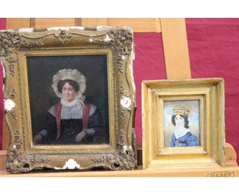 Mid-19th century English School miniature oil on panel - portrait of a lady wearing a bonnet and red shawl, in gilt frame, 16