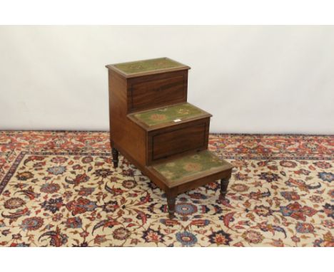 Set of 19th century mahogany and ebony line inlaid library steps of enclosed form, on spool feet with three carpet inset trea