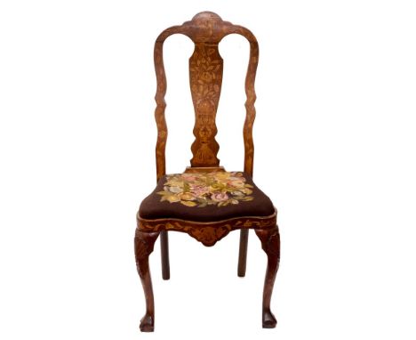Late 18th century Dutch walnut and marquetry dining chair, arched back with solid vertical splat and slip-in tapestry upholst