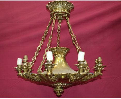 Impressive substantial neoclassical-style gilt metal ceiling light of hemispherical form, centred by lobed flower-head and ha