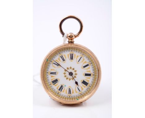 Late 19th century Swiss gold fob watch with button-wind movement and gilded enamel dial in engraved gold (14ct) case