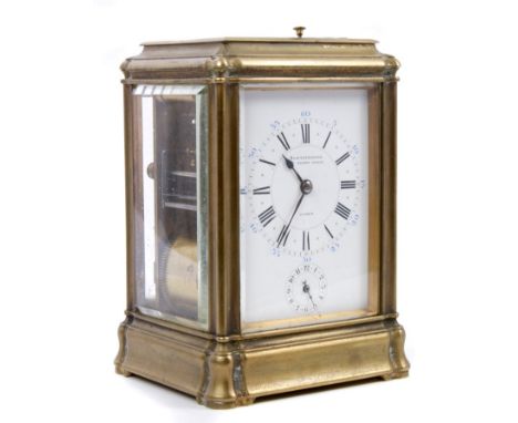 19th century carriage clock with eight day movement, lever escapement, repeat and alarm striking on two gongs, backplate with