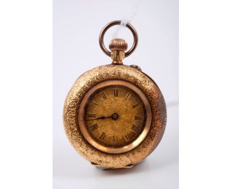 Late 19th century ladies' Swiss gold (18k) cased fob watch with button-wind movement, engraved dial in engraved gold case, 33